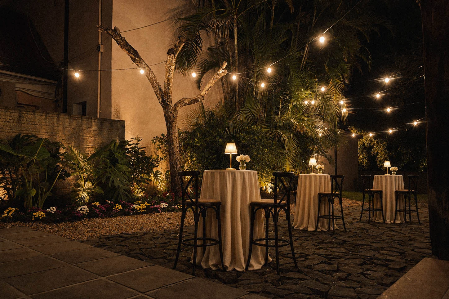 Pátio externo à noite com mesas altas e varal de luzes