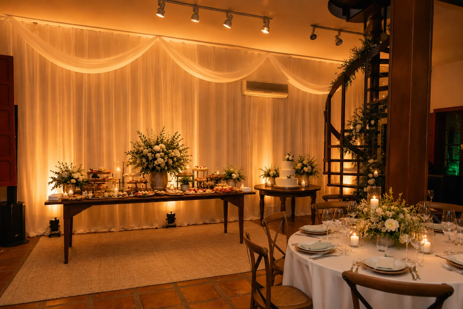 Salão da Casa Hamburgo à noite com mesa de doces, velas e mesa posta